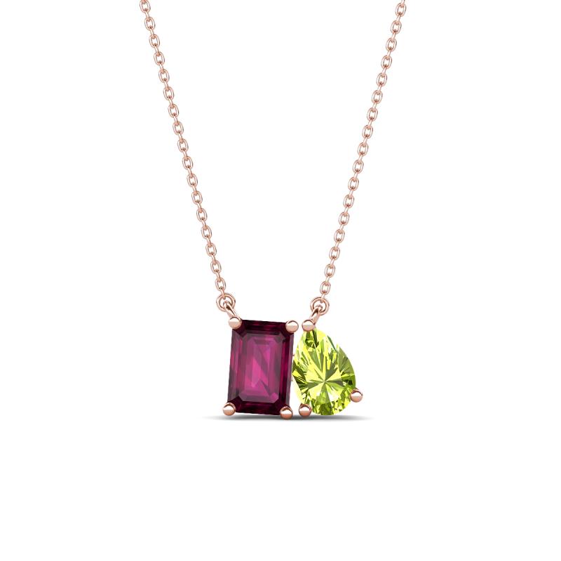 Arika 1.25 ctw Emerald Shape Rhodolite Garnet with Pear Shape Peridot Toi Et Moi Women Pendant Necklace 