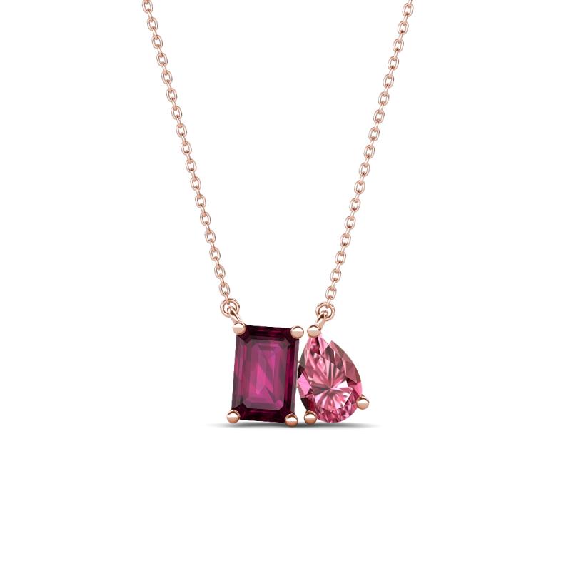 Arika 1.20 ctw Emerald Shape Rhodolite Garnet with Pear Shape Pink Tourmaline Toi Et Moi Women Pendant Necklace 