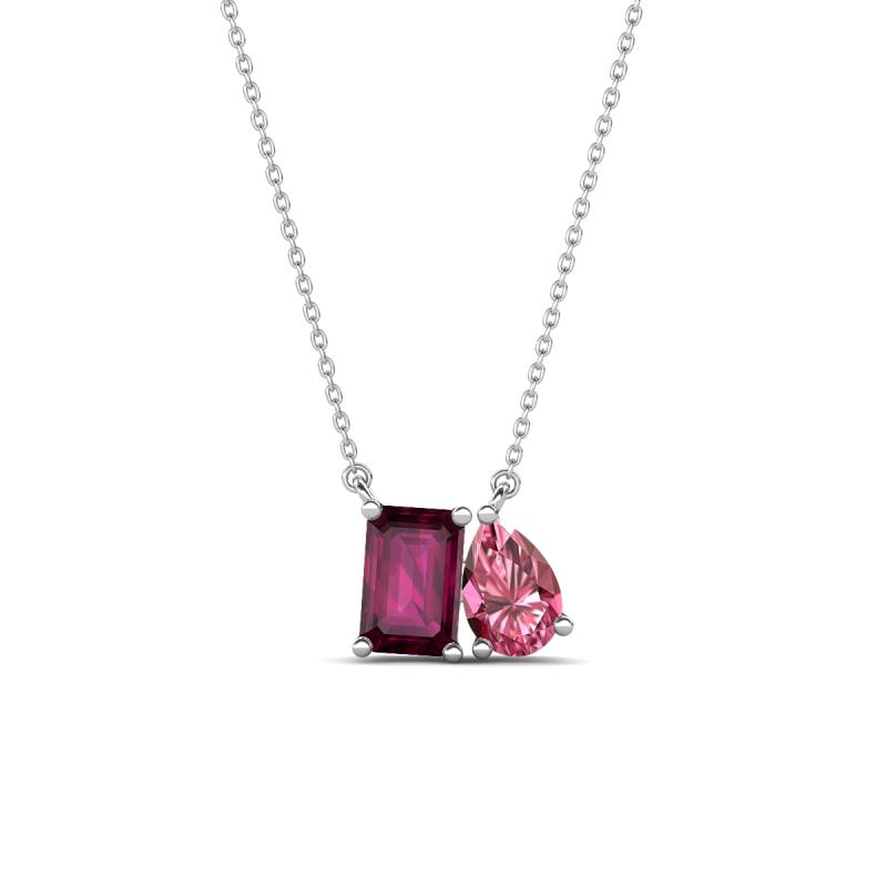 Arika 1.20 ctw Emerald Shape Rhodolite Garnet with Pear Shape Pink Tourmaline Toi Et Moi Women Pendant Necklace 