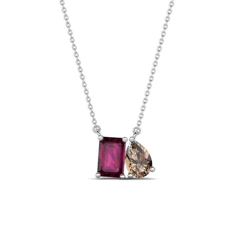 Arika 1.10 ctw Emerald Shape Rhodolite Garnet with Pear Shape Smoky Quartz Toi Et Moi Women Pendant Necklace 