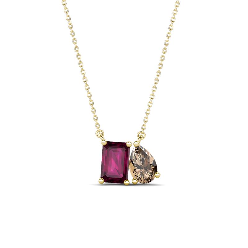 Arika 1.10 ctw Emerald Shape Rhodolite Garnet with Pear Shape Smoky Quartz Toi Et Moi Women Pendant Necklace 