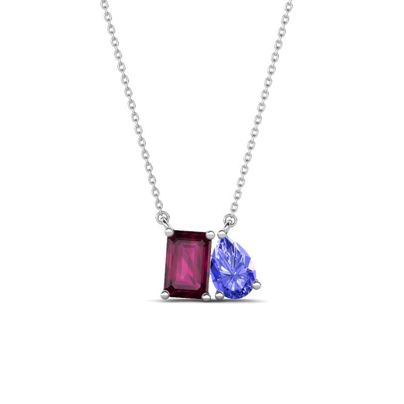 Arika 1.20 ctw Emerald Shape Rhodolite Garnet with Pear Shape Tanzanite Toi Et Moi Women Pendant Necklace 