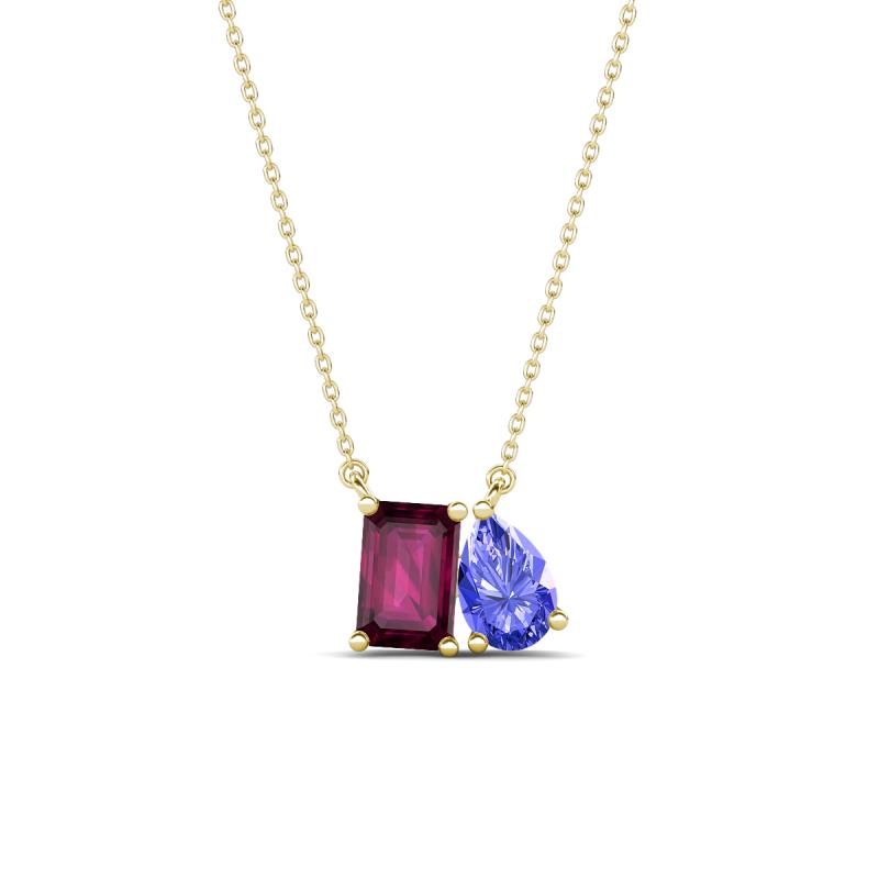 Arika 1.20 ctw Emerald Shape Rhodolite Garnet with Pear Shape Tanzanite Toi Et Moi Women Pendant Necklace 