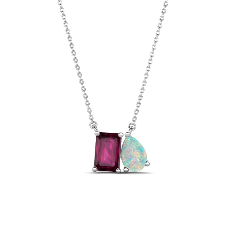 Arika 1.00 ctw Emerald Shape Rhodolite Garnet with Pear Shape Opal Toi Et Moi Women Pendant Necklace 