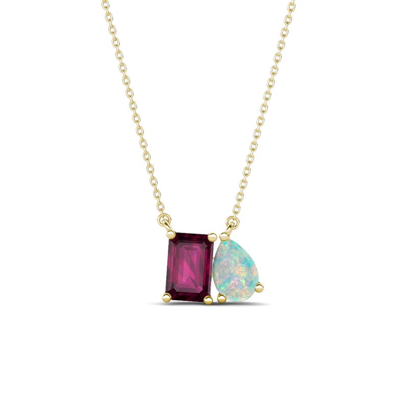 Arika 1.00 ctw Emerald Shape Rhodolite Garnet with Pear Shape Opal Toi Et Moi Women Pendant Necklace 