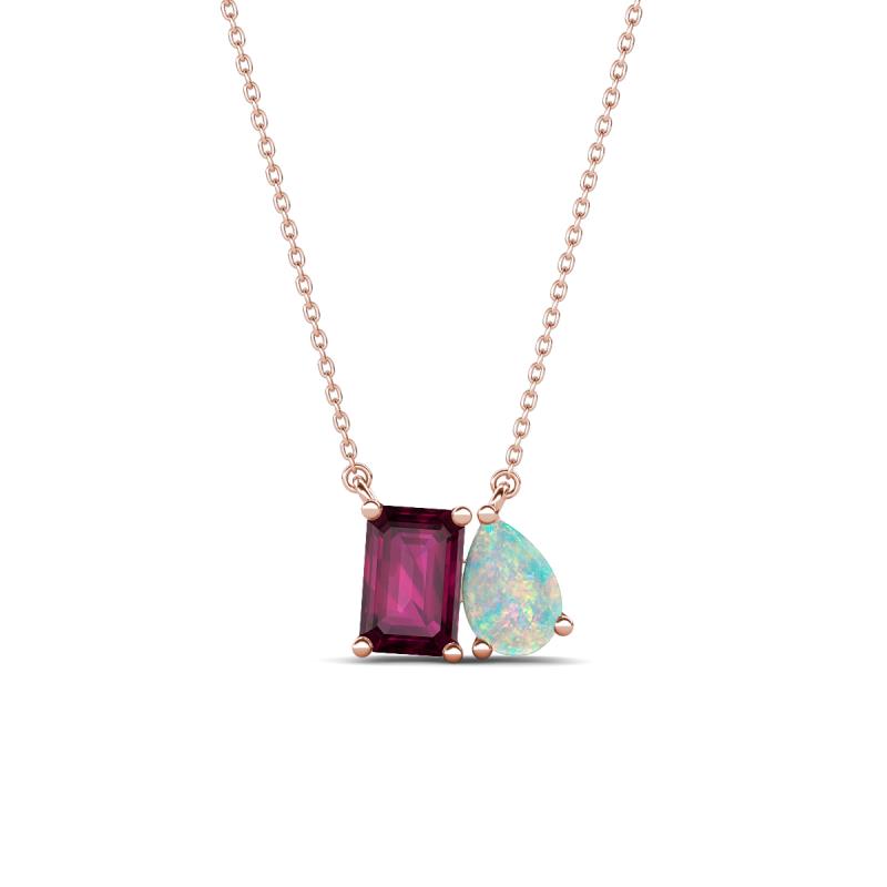 Arika 1.00 ctw Emerald Shape Rhodolite Garnet with Pear Shape Opal Toi Et Moi Women Pendant Necklace 