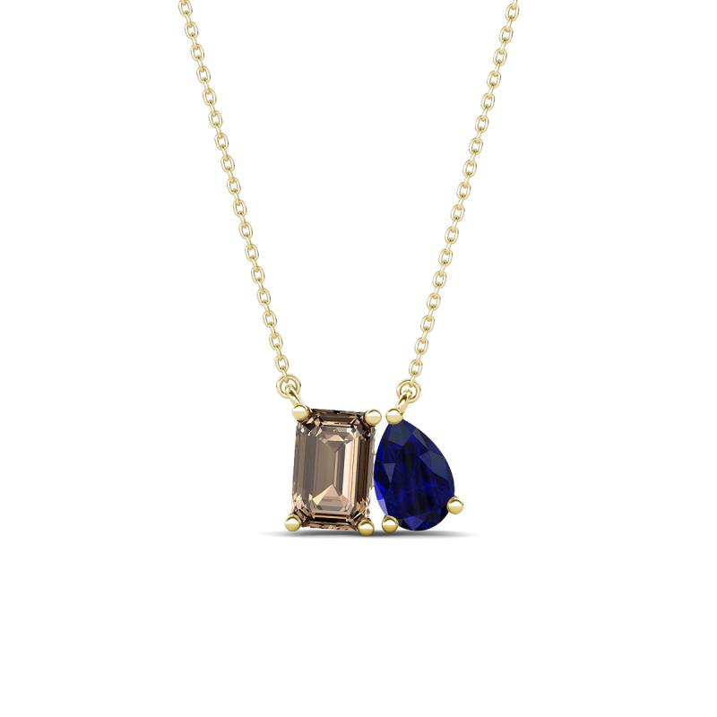 Arika 1.00 ctw Emerald Shape Smoky Quartz with Pear Shape Created Blue Sapphire Toi Et Moi Women Pendant Necklace 