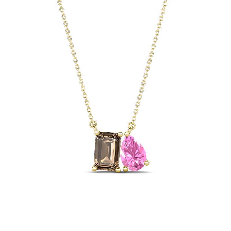 Arika 1.00 ctw Emerald Shape Smoky Quartz with Pear Shape Created Pink Sapphire Toi Et Moi Women Pendant Necklace 