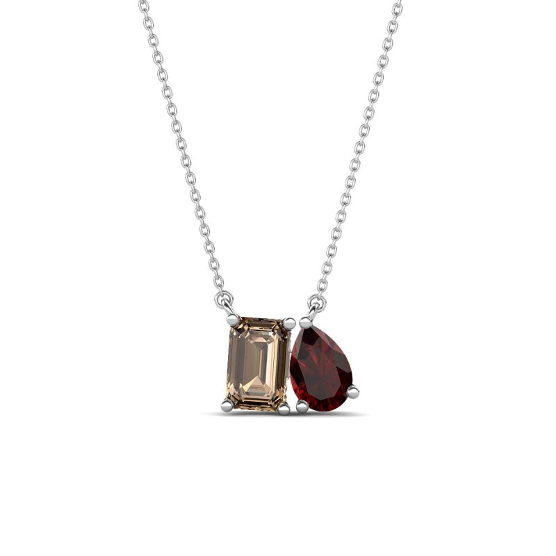 Arika 1.10 ctw Emerald Shape Smoky Quartz with Pear Shape Red Garnet Toi Et Moi Women Pendant Necklace 
