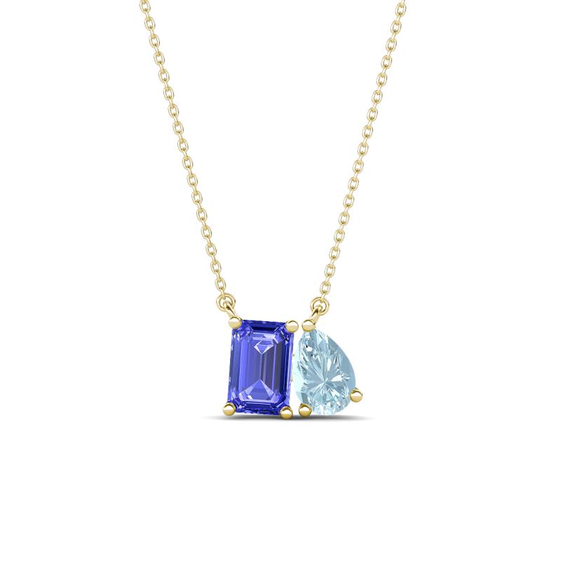 Arika 0.95 ctw Emerald Shape Tanzanite with Pear Shape Aquamarine Toi Et Moi Women Pendant Necklace 