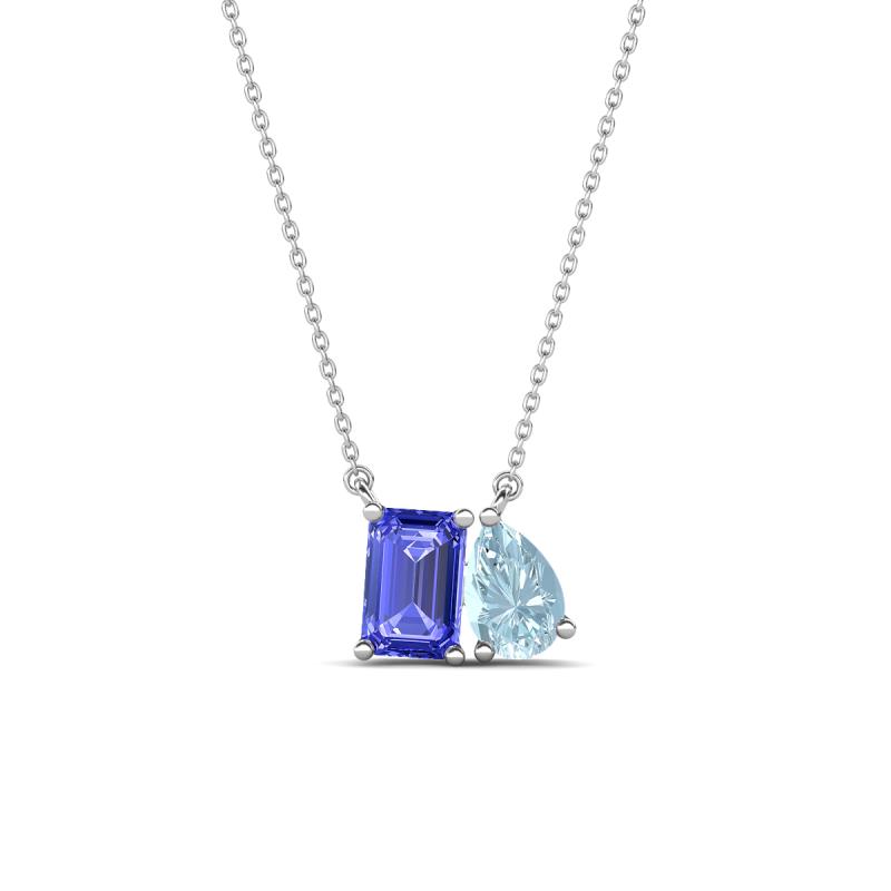 Arika 0.95 ctw Emerald Shape Tanzanite with Pear Shape Aquamarine Toi Et Moi Women Pendant Necklace 