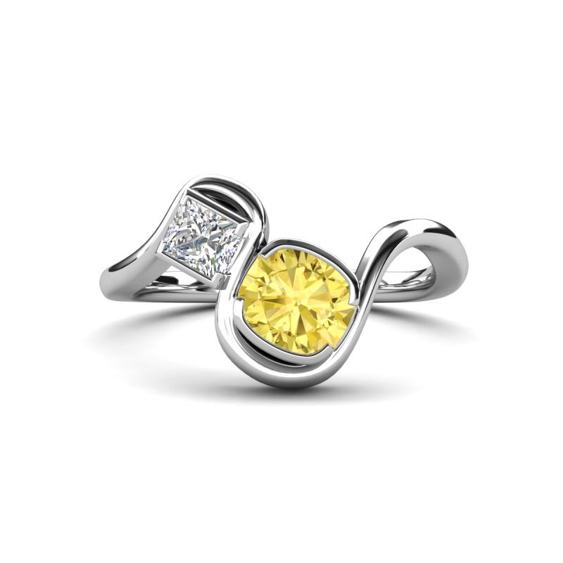 Nerida 1.73 ctw Cushion Shape Created Yellow Sapphire (6.00 mm) and Princess Shape Lab Grown Diamond Women Toi Et Moi Wave Engagement Ring 