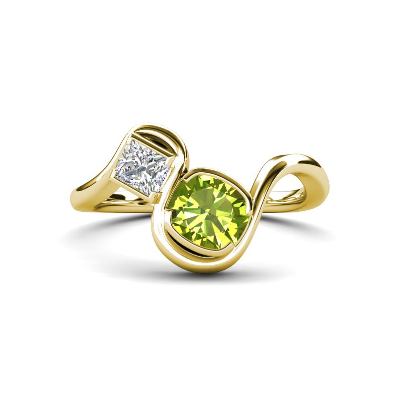 Nerida 1.50 ctw Cushion Shape Peridot (6.00 mm) and Princess Shape Lab Grown Diamond Women Toi Et Moi Wave Engagement Ring 