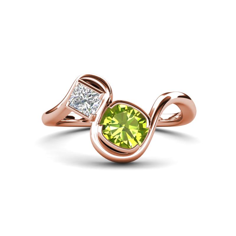 Nerida 1.50 ctw Cushion Shape Peridot (6.00 mm) and Princess Shape Lab Grown Diamond Women Toi Et Moi Wave Engagement Ring 