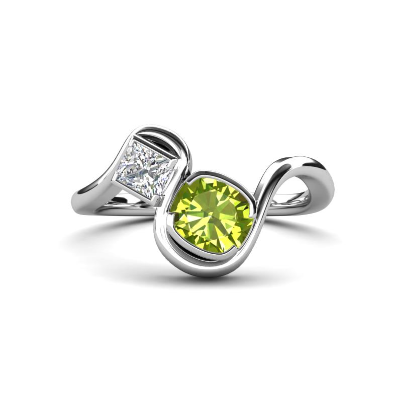 Nerida 1.50 ctw Cushion Shape Peridot (6.00 mm) and Princess Shape Lab Grown Diamond Women Toi Et Moi Wave Engagement Ring 