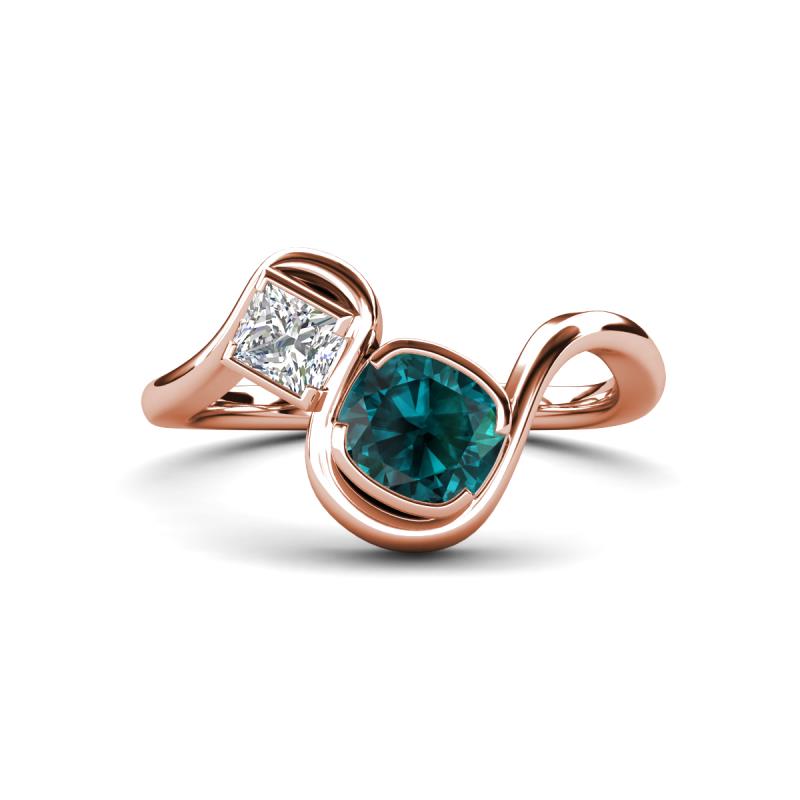 Nerida 1.65 ctw Cushion Shape London Blue Topaz (6.00 mm) and Princess Shape Lab Grown Diamond Women Toi Et Moi Wave Engagement Ring 