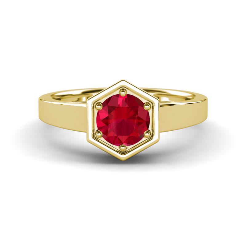 Dinah 0.95 ct Created Ruby Women Hexagonal Signet Solitaire Engagement Ring 