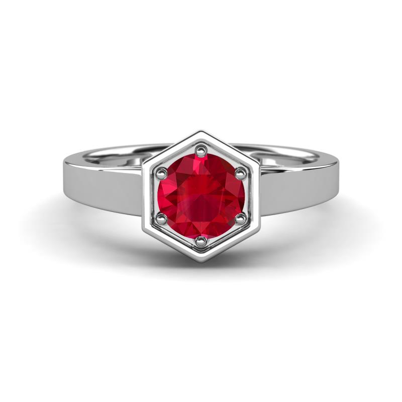 Dinah 0.95 ct Created Ruby Women Hexagonal Signet Solitaire Engagement Ring 