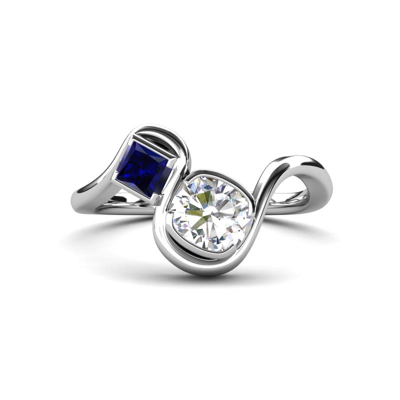 Nerida 1.52 ctw IGI Certified Cushion Shape Lab Grown Diamond (6.00 mm) and Princess Shape Created Blue Sapphire Women Toi Et Moi Wave Engagement Ring 