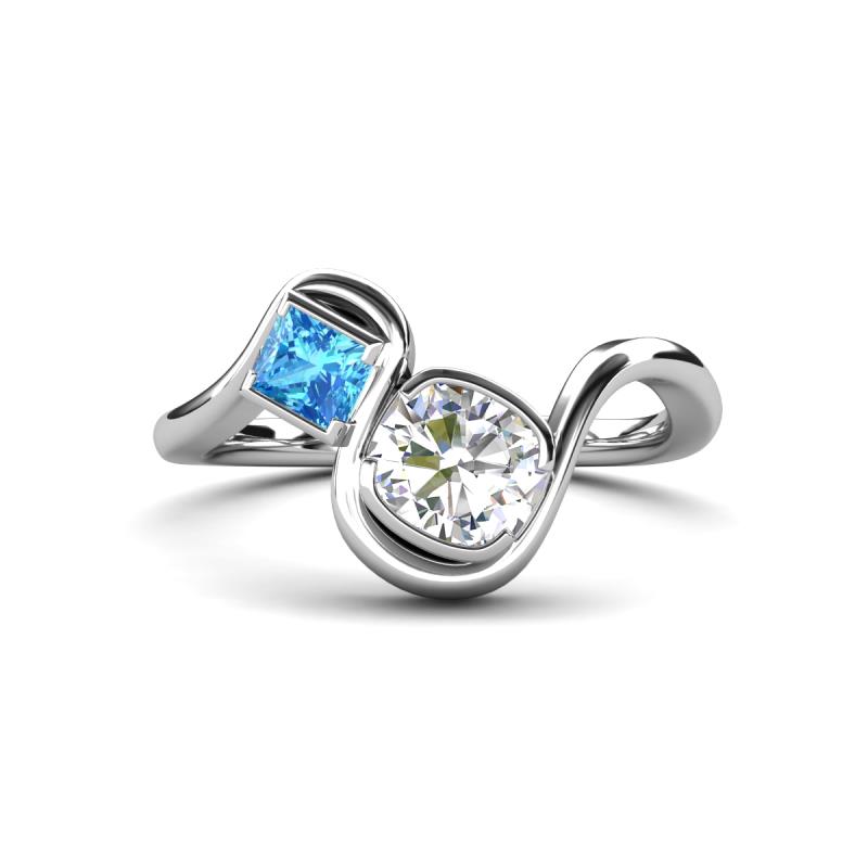 Nerida 1.55 ctw IGI Certified Cushion Shape Lab Grown Diamond (6.00 mm) and Princess Shape Blue Topaz Women Toi Et Moi Wave Engagement Ring 