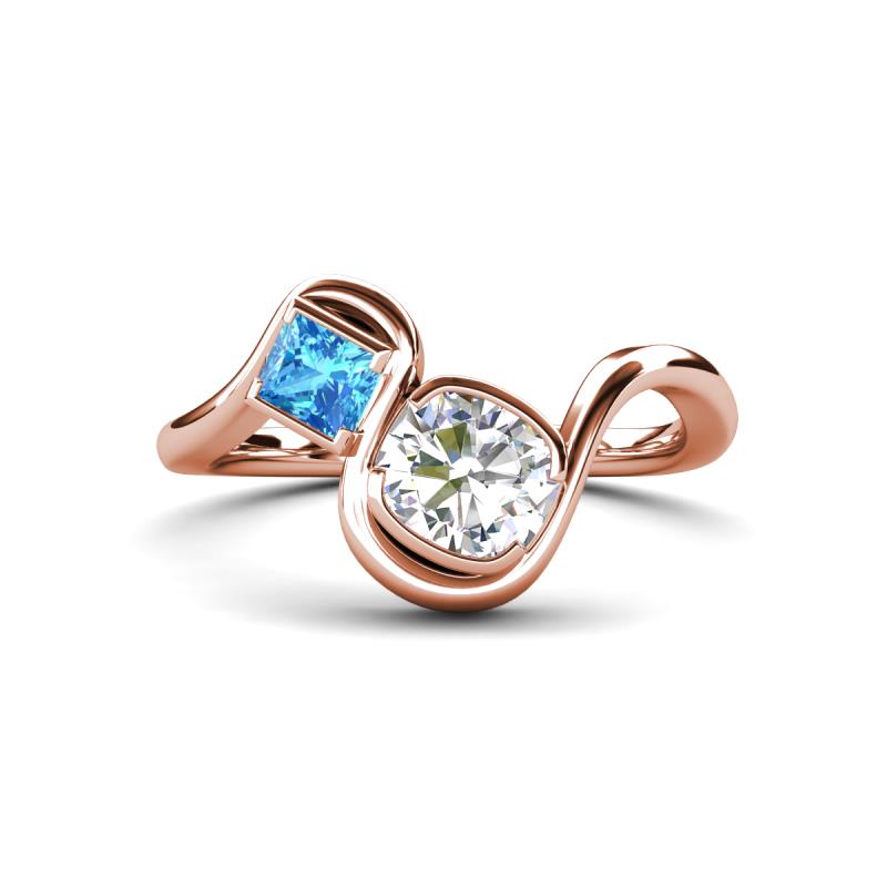 Nerida 1.55 ctw IGI Certified Cushion Shape Lab Grown Diamond (6.00 mm) and Princess Shape Blue Topaz Women Toi Et Moi Wave Engagement Ring 