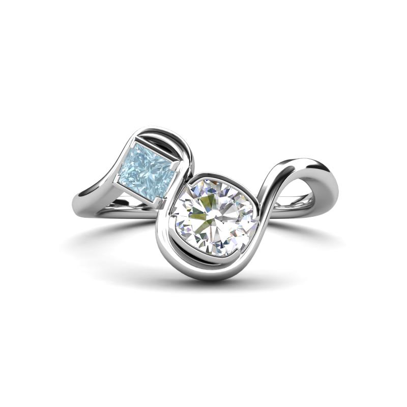 Nerida 1.52 ctw IGI Certified Cushion Shape Lab Grown Diamond (6.00 mm) and Princess Shape Aquamarine Women Toi Et Moi Wave Engagement Ring 