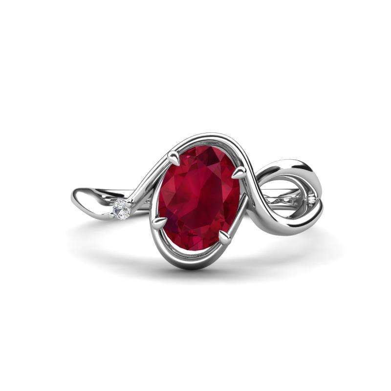 Lioren 1.62 ctw Oval Shape Created Ruby accented Round Lab Grown Diamond Split Shank Women Wave Solitaire Plus Engagement Ring 