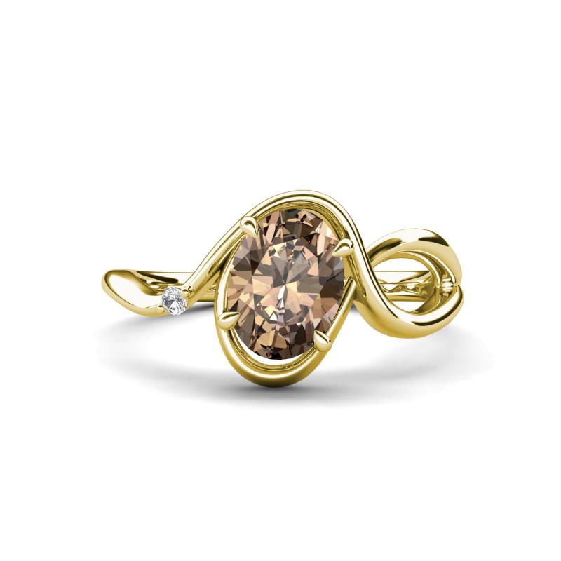 Lioren 1.27 ctw Oval Shape Smoky Quartz accented Round Lab Grown Diamond Split Shank Women Wave Solitaire Plus Engagement Ring 