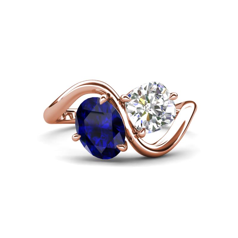 Velona 2.55 ctw Oval Shape Created Blue Sapphire (8 x 6 mm) and IGI Certified Cushion Shape Lab Grown Diamond (6 mm) Women Toi Et Moi Wave Engagement Ring 
