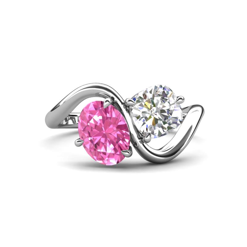 Velona 2.55 ctw Oval Shape Created Pink Sapphire (8 x 6 mm) and IGI Certified Cushion Shape Lab Grown Diamond (6 mm) Women Toi Et Moi Wave Engagement Ring 