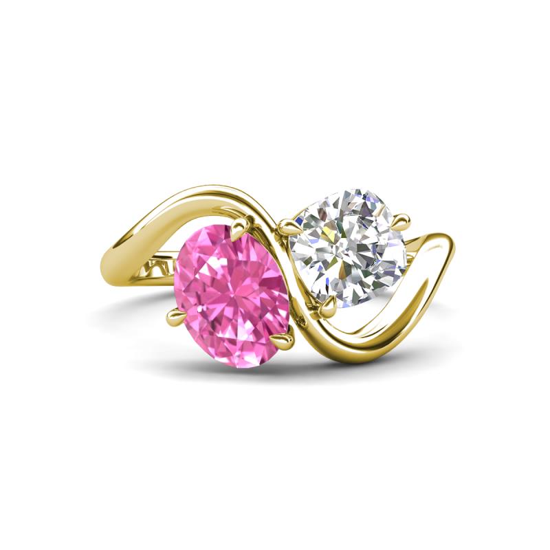Velona 2.55 ctw Oval Shape Created Pink Sapphire (8 x 6 mm) and IGI Certified Cushion Shape Lab Grown Diamond (6 mm) Women Toi Et Moi Wave Engagement Ring 