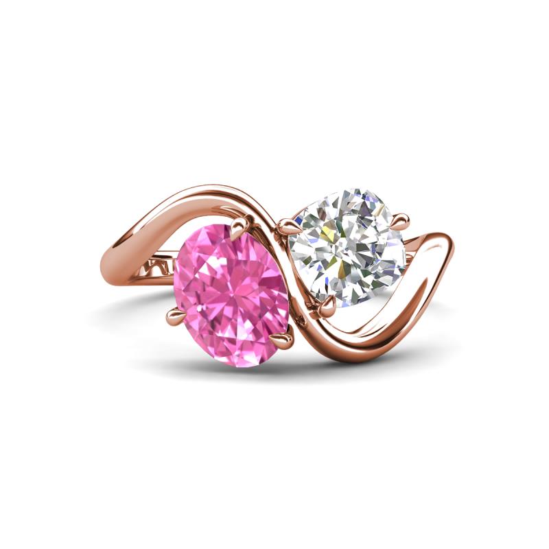 Velona 2.55 ctw Oval Shape Created Pink Sapphire (8 x 6 mm) and IGI Certified Cushion Shape Lab Grown Diamond (6 mm) Women Toi Et Moi Wave Engagement Ring 