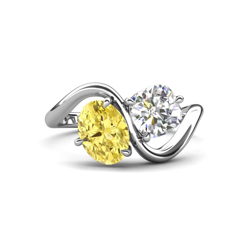 Velona 2.55 ctw Oval Shape Created Yellow Sapphire (8 x 6 mm) and IGI Certified Cushion Shape Lab Grown Diamond (6 mm) Women Toi Et Moi Wave Engagement Ring 
