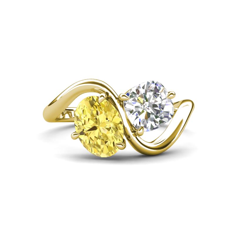 Velona 2.55 ctw Oval Shape Created Yellow Sapphire (8 x 6 mm) and IGI Certified Cushion Shape Lab Grown Diamond (6 mm) Women Toi Et Moi Wave Engagement Ring 