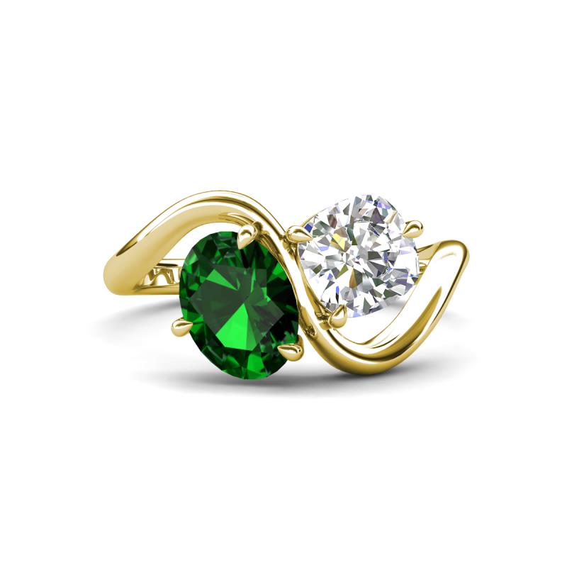 Velona 2.25 ctw Oval Shape Created Emerald (8 x 6 mm) and IGI Certified Cushion Shape Lab Grown Diamond (6 mm) Women Toi Et Moi Wave Engagement Ring 