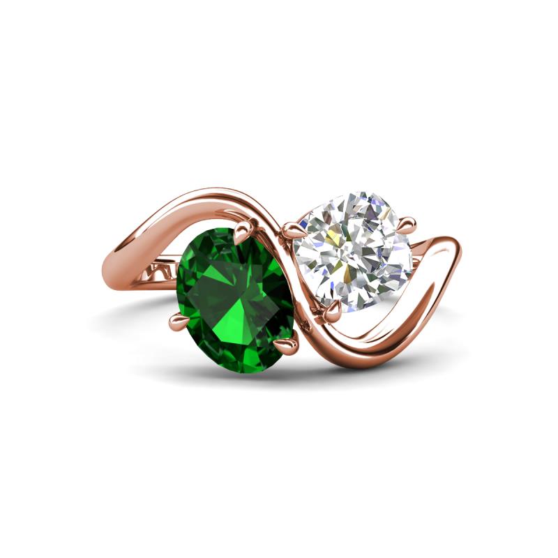 Velona 2.25 ctw Oval Shape Created Emerald (8 x 6 mm) and IGI Certified Cushion Shape Lab Grown Diamond (6 mm) Women Toi Et Moi Wave Engagement Ring 