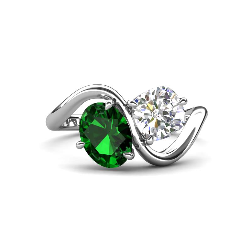 Velona 2.25 ctw Oval Shape Created Emerald (8 x 6 mm) and IGI Certified Cushion Shape Lab Grown Diamond (6 mm) Women Toi Et Moi Wave Engagement Ring 