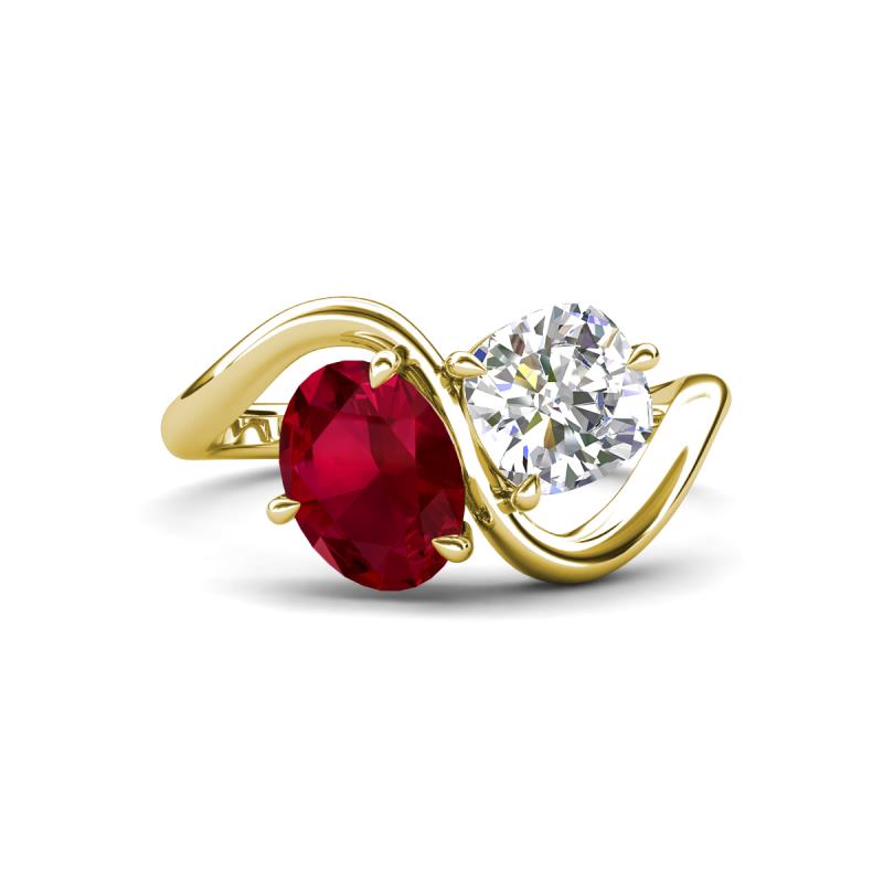 Velona 2.85 ctw Oval Shape Created Ruby (8 x 6 mm) and IGI Certified Cushion Shape Lab Grown Diamond (6 mm) Women Toi Et Moi Wave Engagement Ring 