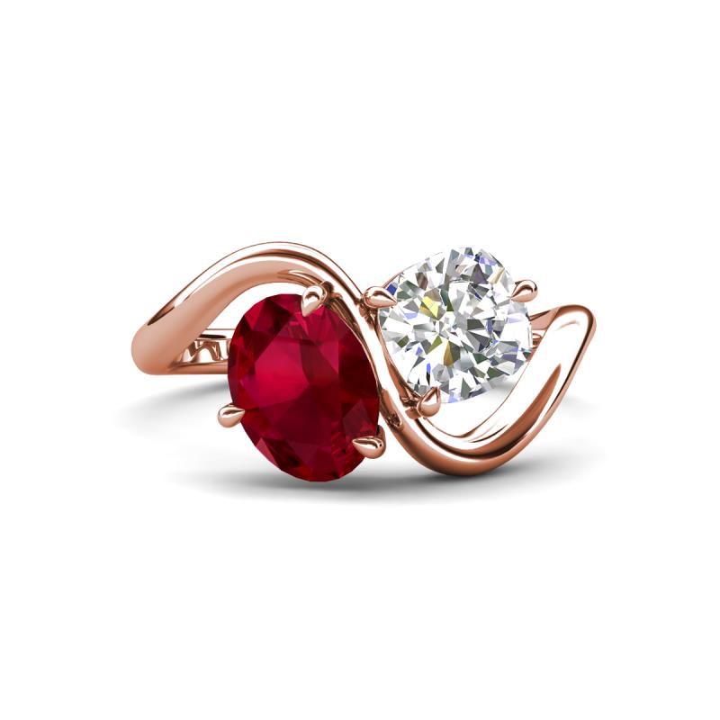 Velona 2.85 ctw Oval Shape Created Ruby (8 x 6 mm) and IGI Certified Cushion Shape Lab Grown Diamond (6 mm) Women Toi Et Moi Wave Engagement Ring 