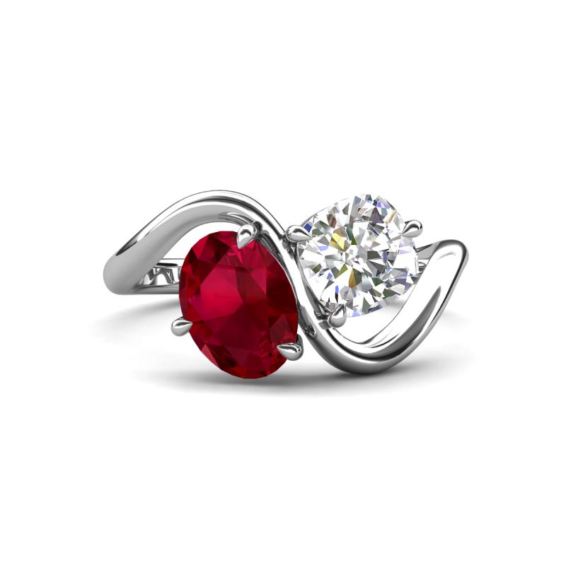 Velona 2.85 ctw Oval Shape Created Ruby (8 x 6 mm) and IGI Certified Cushion Shape Lab Grown Diamond (6 mm) Women Toi Et Moi Wave Engagement Ring 