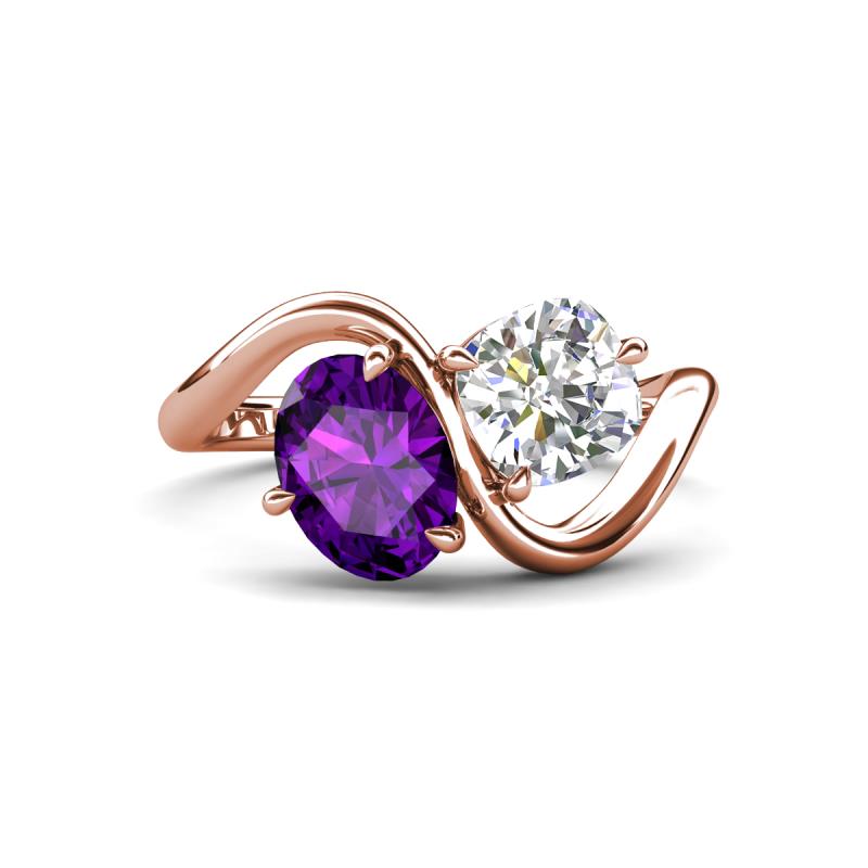 Velona 2.45 ctw Oval Shape Amethyst (8 x 6 mm) and IGI Certified Cushion Shape Lab Grown Diamond (6 mm) Women Toi Et Moi Wave Engagement Ring 