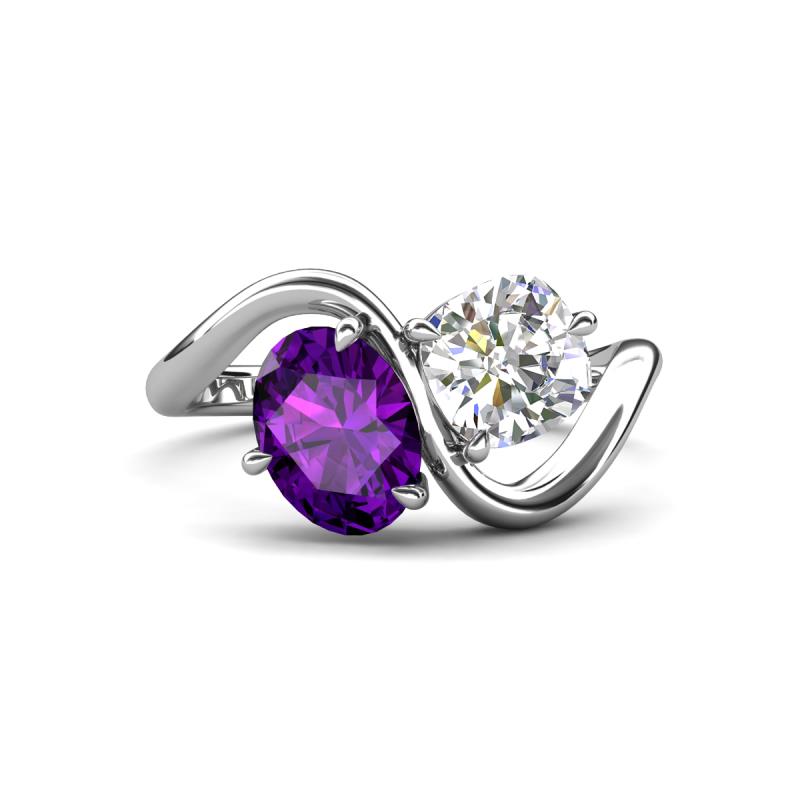 Velona 2.45 ctw Oval Shape Amethyst (8 x 6 mm) and IGI Certified Cushion Shape Lab Grown Diamond (6 mm) Women Toi Et Moi Wave Engagement Ring 