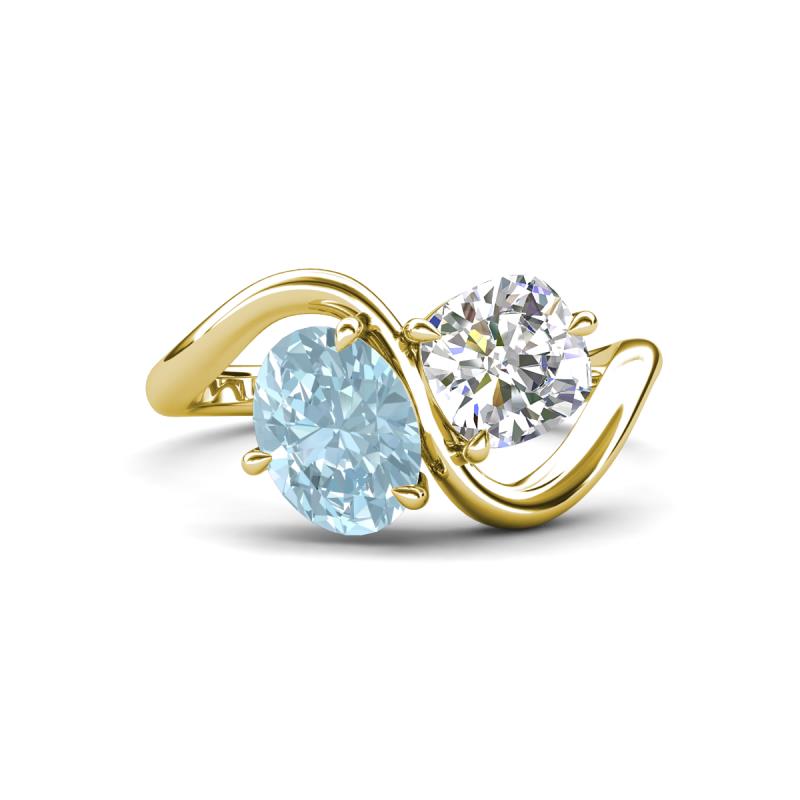 Velona 2.60 ctw Oval Shape Aquamarine (8 x 6 mm) and IGI Certified Cushion Shape Lab Grown Diamond (6 mm) Women Toi Et Moi Wave Engagement Ring 