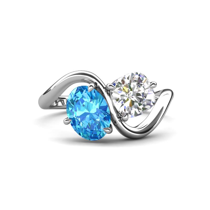 Velona 2.85 ctw Oval Shape Blue Topaz (8 x 6 mm) and IGI Certified Cushion Shape Lab Grown Diamond (6 mm) Women Toi Et Moi Wave Engagement Ring 