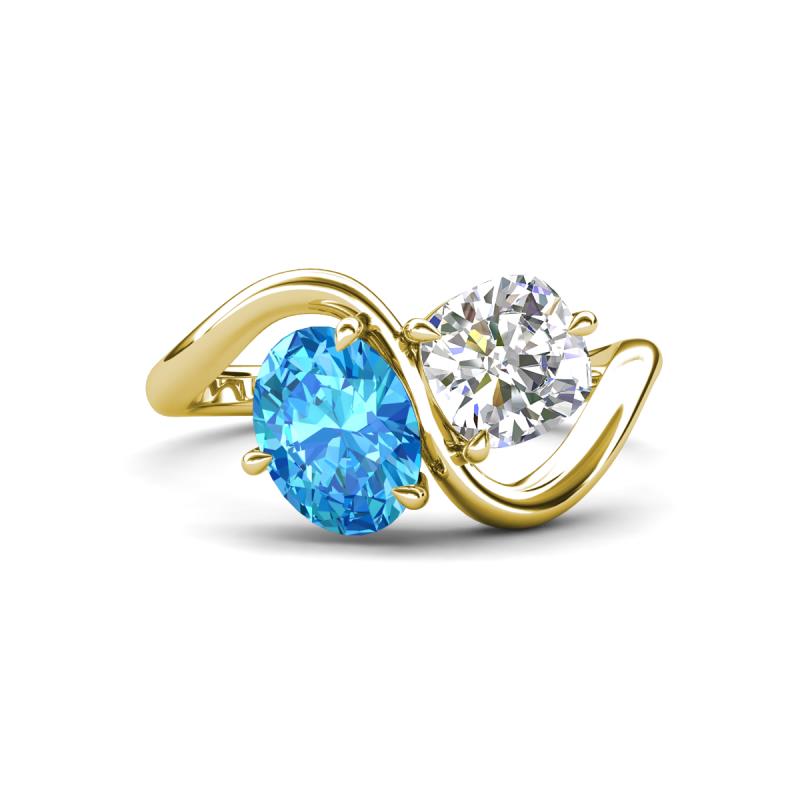 Velona 2.85 ctw Oval Shape Blue Topaz (8 x 6 mm) and IGI Certified Cushion Shape Lab Grown Diamond (6 mm) Women Toi Et Moi Wave Engagement Ring 