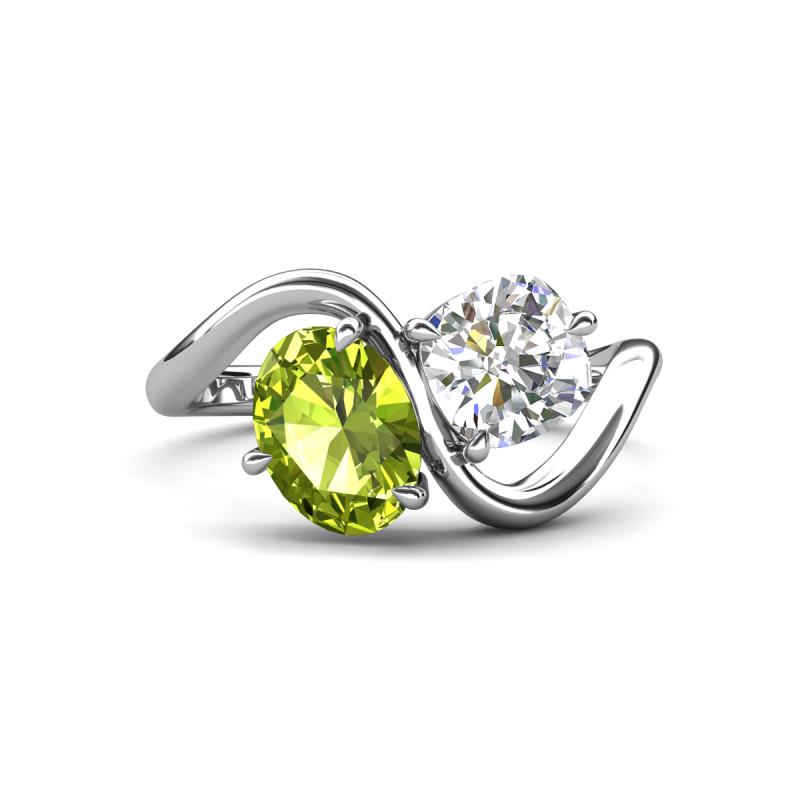 Velona 2.60 ctw Oval Shape Peridot (8 x 6 mm) and IGI Certified Cushion Shape Lab Grown Diamond (6 mm) Women Toi Et Moi Wave Engagement Ring 