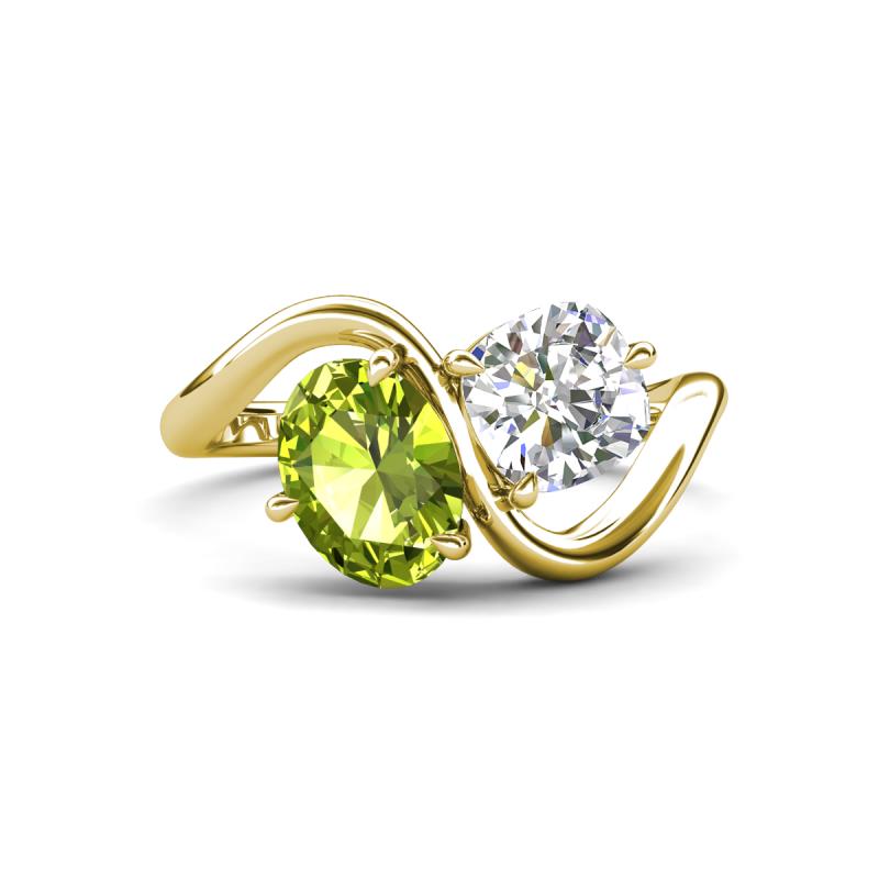Velona 2.60 ctw Oval Shape Peridot (8 x 6 mm) and IGI Certified Cushion Shape Lab Grown Diamond (6 mm) Women Toi Et Moi Wave Engagement Ring 