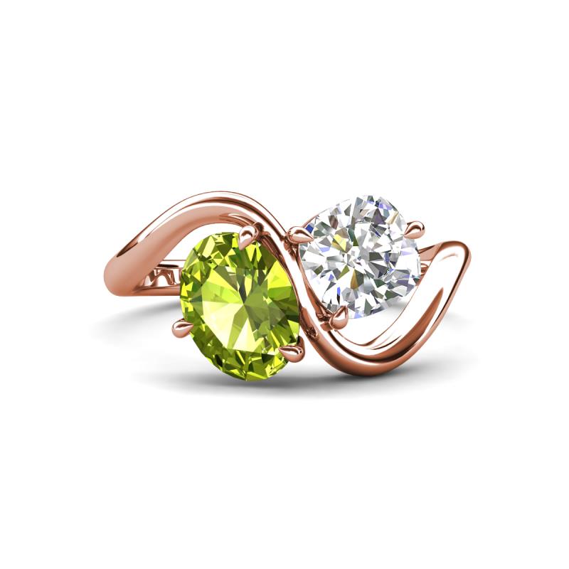 Velona 2.60 ctw Oval Shape Peridot (8 x 6 mm) and IGI Certified Cushion Shape Lab Grown Diamond (6 mm) Women Toi Et Moi Wave Engagement Ring 