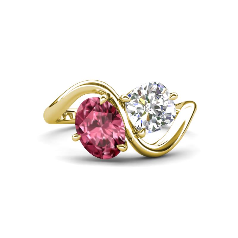 Velona 2.60 ctw Oval Shape Pink Tourmaline (8 x 6 mm) and IGI Certified Cushion Shape Lab Grown Diamond (6 mm) Women Toi Et Moi Wave Engagement Ring 