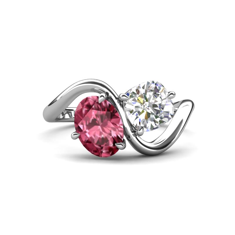 Velona 2.60 ctw Oval Shape Pink Tourmaline (8 x 6 mm) and IGI Certified Cushion Shape Lab Grown Diamond (6 mm) Women Toi Et Moi Wave Engagement Ring 